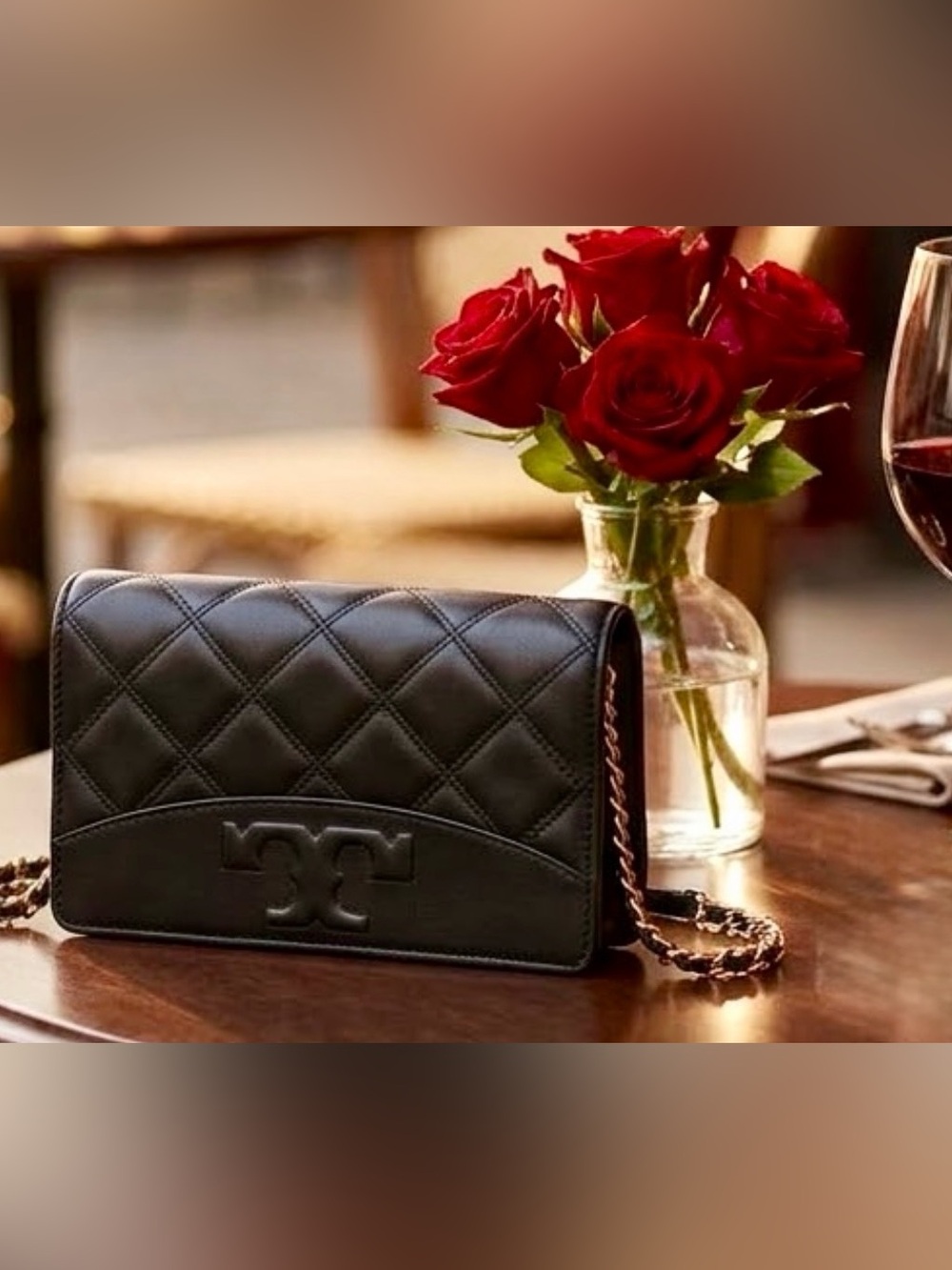 Tory Burch Savannah Black Quilted Leather Chain Wallet Crossbody Bag
